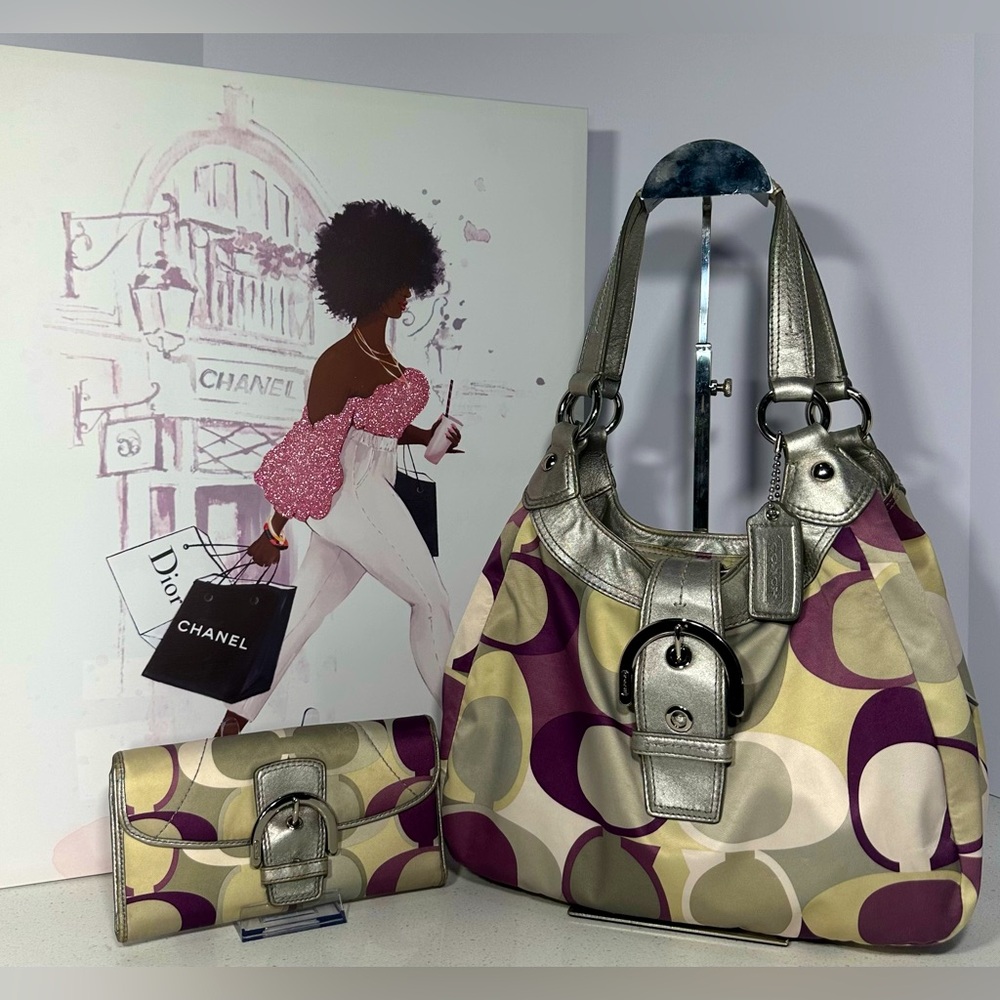 Coach Soho Signature Print Hobo Shoulder Bag Silver/Purple with matching wallet.